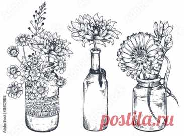 "bouquets With Hand Drawn Flowers And Plants In Vases Jars." Stock 101