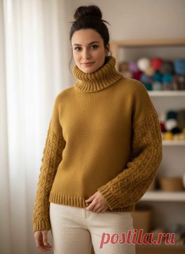 Свитер оверсайз с высоким воротом и узором на рукавах: подробное описание и схема вязания спицами | Дневник вязальщицы | Дзен