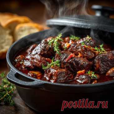 Мясо по-бургундски 
Ингредиенты:
Телятина (мясо голяшки) — 600–700 г
Шампиньоны мелкие — 12–14 шт
Лук — 2 шт
Красное сухое вино
Бекон сырокопчёный
Масло растительное
Масло сливочное
Соль, перец — по вкусу
Тимьян — несколько веточек
Мука —...