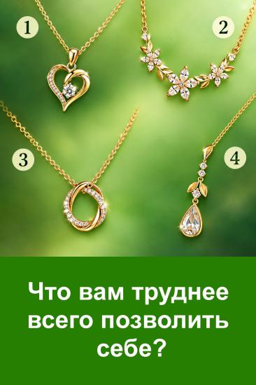 Этот тест предлагает задуматься, что именно вам труднее всего позволить себе. Перед вами четыре красивые золотые цепочки. Не спешите с ответом, внимательно рассмотрите каждую и обратите внимание на ту, которая первой притянула взгляд.