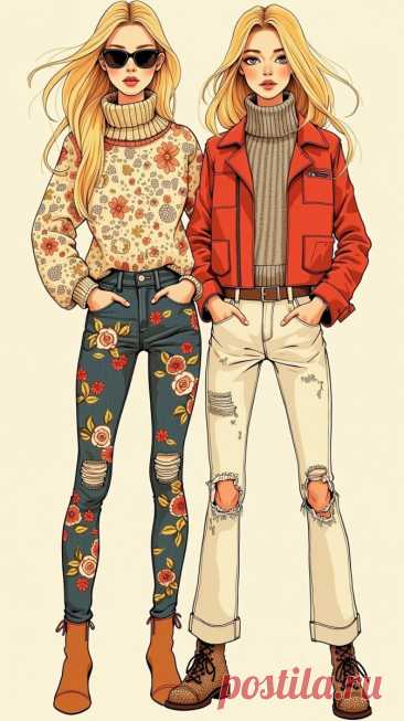 Две модницы в джинсовой вышивке и ярких куртках смотрят на зрителя. Картинка из нейросети Flux.1 - Flux.1 примеры промтов - Форум ИИ о нейросетях - Yes Ai