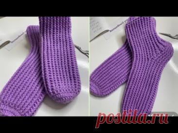 Тёплые носки с самой простой пяткой. Вяжем крючком 👌
