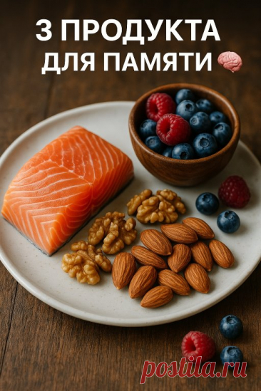 3 продукта для хорошей памяти
Орехи (грецкие, миндаль, фундук)
Содержат омега-3 и витамин Е. Эти вещества защищают мозг от старения и улучшают работу нервных клеток.
Рыба (лосось, скумбрия, сельдь)
Богата омега-3 жирными кислотами, которые улучшают передачу сигналов между клетками мозга.
Ягоды (черника, черника, клубника)
Антоцианы в ягодах улучшают кровообращение и помогают лучше концентрироваться.