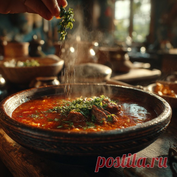 Настоящий суп Харчо — по всем правилам!
Ингредиенты:
Говяжья грудинка — 300 г
Рис — 80–100 г
Рубленные томаты — 400 г
Лук — 1,5 шт
Свежий томат — 1 шт
Сельдерей (черешок) — 2 шт
Аджика — 1 ст. л.
Чеснок — 6 зубчиков
Чили перец — 1 шт
Чабрец — щепотка
Уцхо-сунели — 1 ч. л.
Барбарис — 1 ч. л.Укроп, кинза, зелень сельдерея
Масло растительное и сливочное Соль — по вкусу