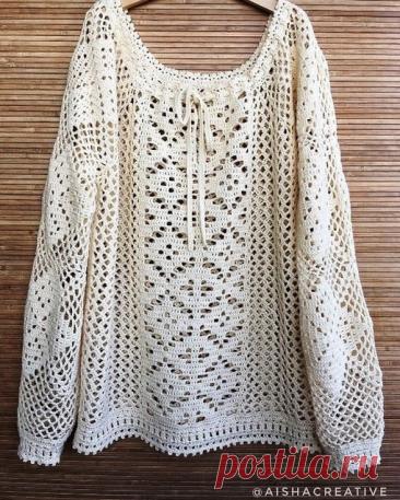 Белый пуловер крючком "Этно"