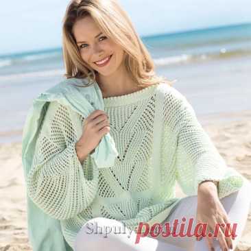 Ажурный пуловер нежно-зеленого цвета | ШПУЛЯ - вязание, схемы, описание, ПРЯЖА. | Дзен