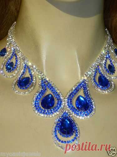 Rhinestone Austrian Crystal Choker Necklace Earring Royal Blue Pageant Drag