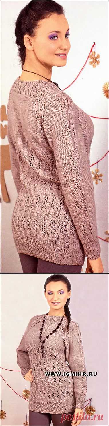 Женственный бежевый пуловер с ажурными узорами. Спицы