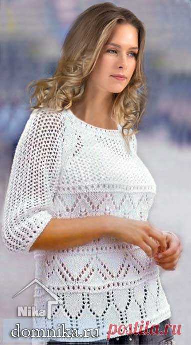 Летний джемпер для полных женщин белый пуловер реглан спицами