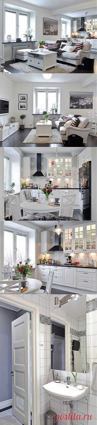 Пример интерьера белой кухни гостиной в шведском стиле