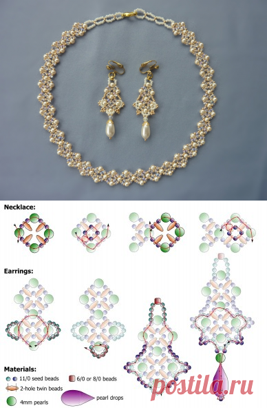 FREE beading pattern for Twin Diamonds necklace and earrings - BeadDiagrams.com