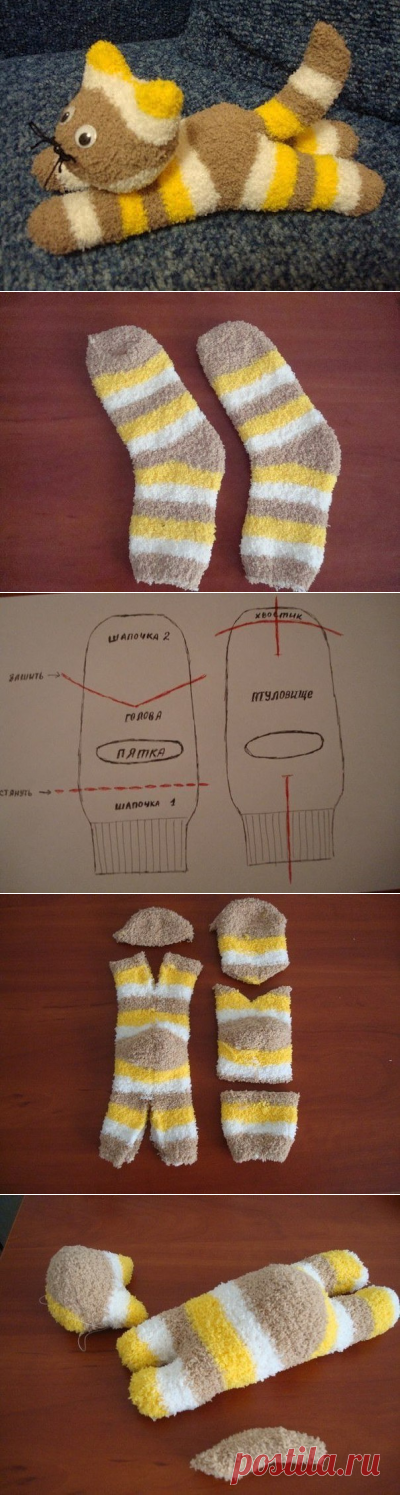 Из обычных носков можно сделать такого симпатичного котенка.