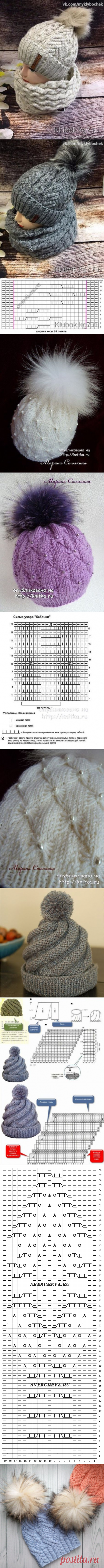 Женские шапки с помпоном-схемы вязания.