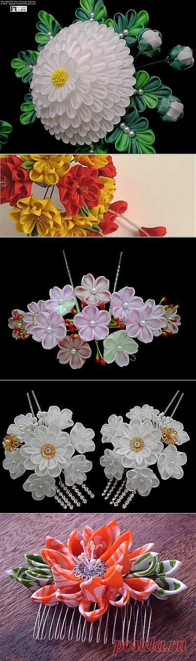 Цветы канзаши, созданные в Японии.