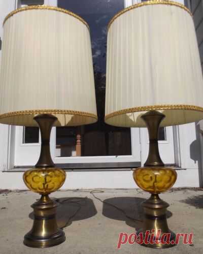 x2 W/ SHADES! Mid Century Vintage Hollywood Regency Table Lamp Amber Glass Brass | eBay