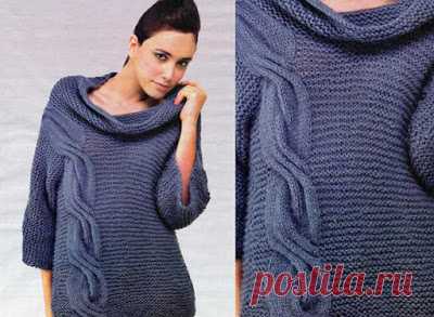 Вязание - модели и схемы: Темно-синий пуловер с боковой косой