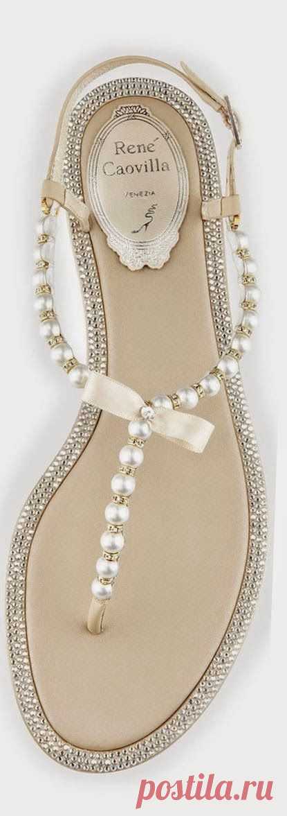 Rene Caovilla Pearly & Crystal Flat Thong Sandal, Champagne