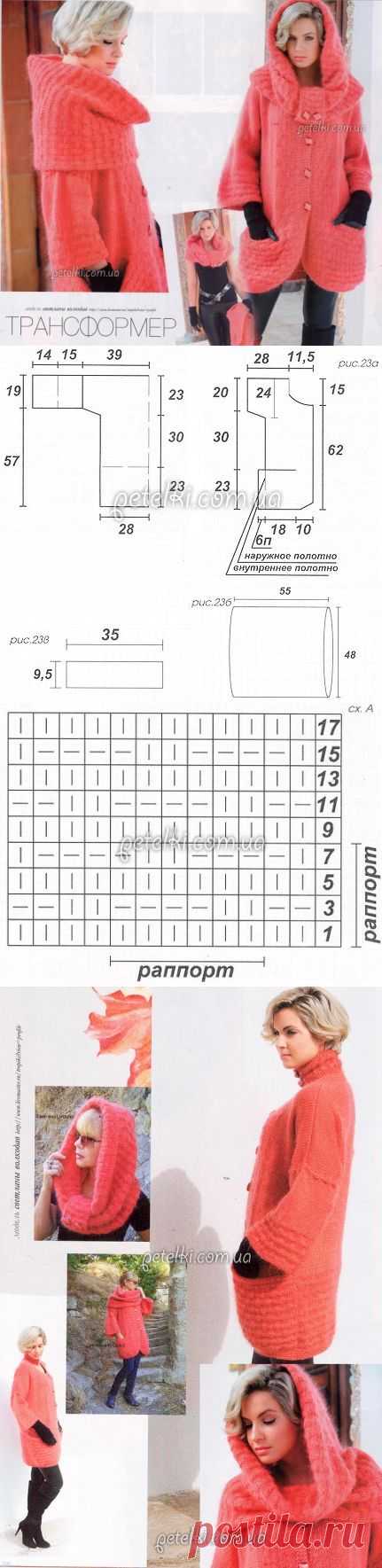 Комплект-трансформер спицами. Пальто, шарф-петля и снуд. Описание вязания, схемы
