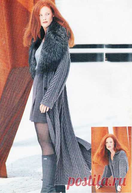 Длинное вязаное пальто для женщин спицами из мериносовой шерсти – схема с описанием вязания