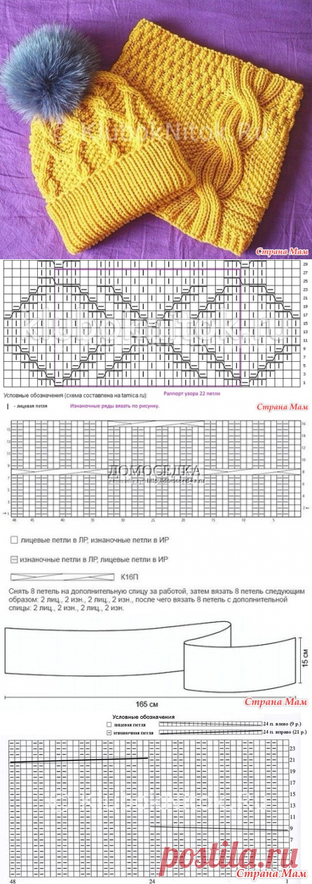 Классный комплект спицами — шапка с ромбами и косами и снуд с красивой косой. - Помощь в вязании - Страна Мам