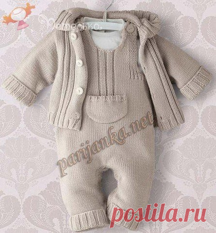 Вязаный комплект для малыша 
Пуловер с капюшоном 
Размеры: a) новорожденный – b) 3 мес. – c) 6 мес. – d) 12 мес. – e) 18/24 мес.
Материалы: нитки PHIL MILK, цвет LIN 7 – 8 – 10 – 11 – 13 мотков.
Состав: 66% акрил, 34% prot?nique (на базе молока), 25 г / 48 м.
Спицы № 3 и № 3,5, кольца маркеры, 4 – 4 – 4 – 5 – 5 пуговиц диаметром 18 мм.
Виды вязок:
Резинка 2х2
Лицевая гладь
Прибавка на расстоянии 1 п. от края.
2 п. вместе
Простая протяжка (снять 1 п. как при лиц. вяз...