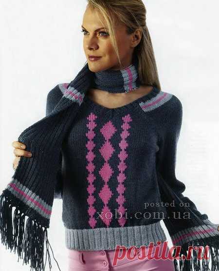 вязаный пуловер реглан и шарф