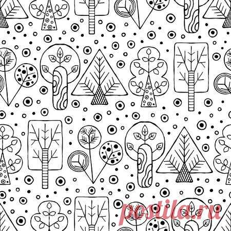 Vector hand drawn seamless pattern, decorative stylized black and white childish trees. Doodle sketch style, graphic illustration, background. Ornamental cute hand drawing. Line drawing. 123RF - Миллионы стоковых фото, векторов, видео и музыки для Ваших проектов.