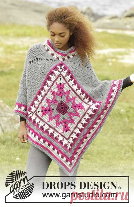 Desert Star / DROPS 172-38 - Free crochet patterns by DROPS Design Crochet DROPS poncho with multi-colored pattern in Eskimo. Size S-XXXL.