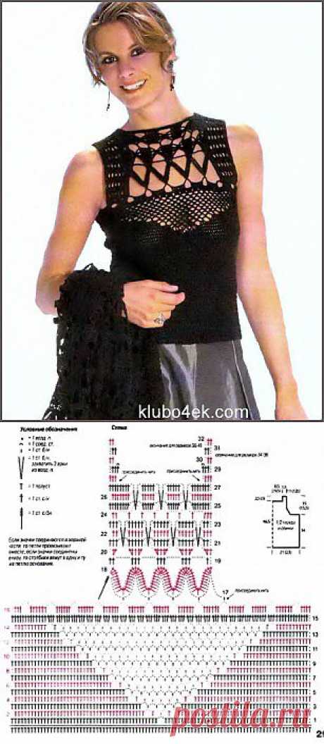 Черный ажурный топ крючком. Модное вязание.