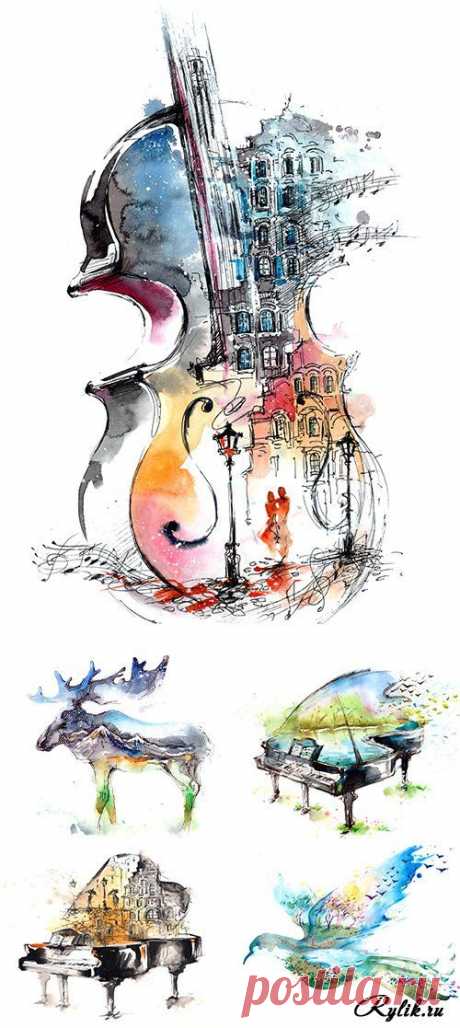 Акварельные рисунки - птица, рояль, лось, контрабас. Abstract drawings | Drawings