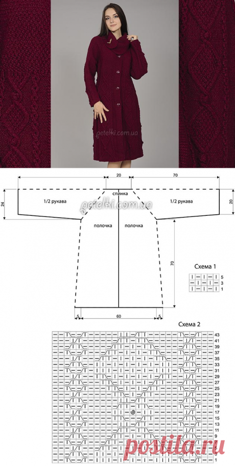 Узорчатое пальто с воротником. Описание, схемы вязания