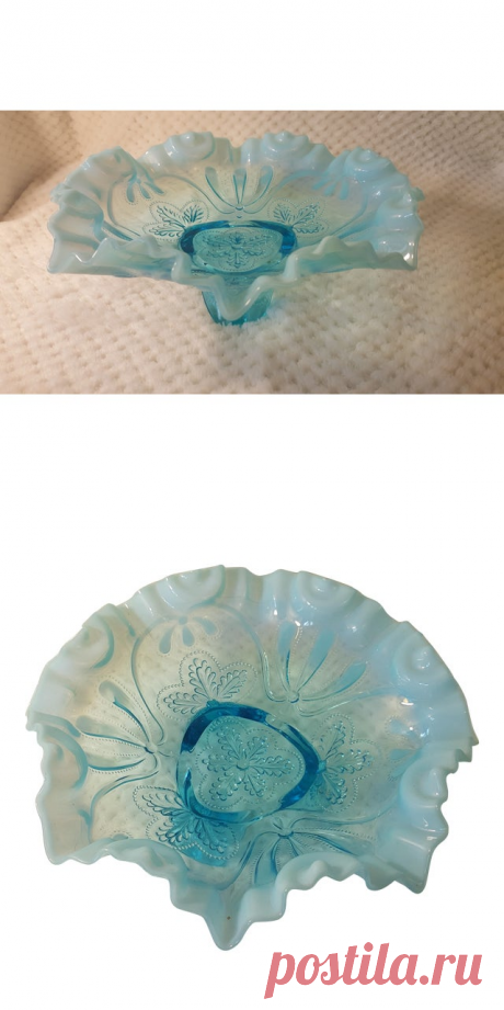 Jefferson Glass Aqua Opalescent Footed Bowl | Chairish