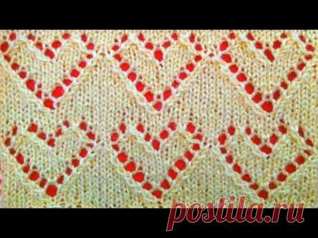 Ажурный узор сердечки вязание спицами для начинающих. Openwork pattern of a heart knitting needles