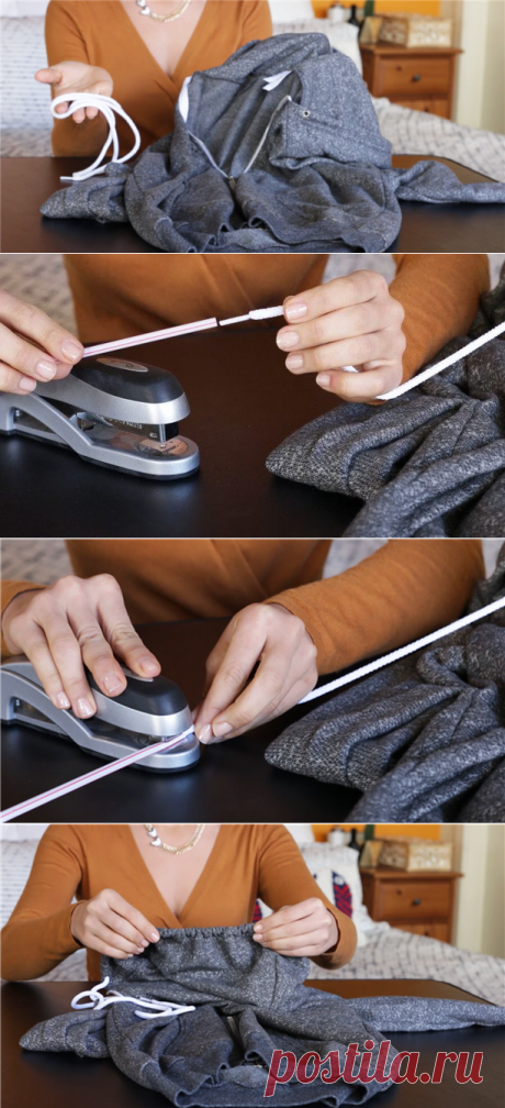 Как вставить шнурок в капюшон или брюки за 2 секунды