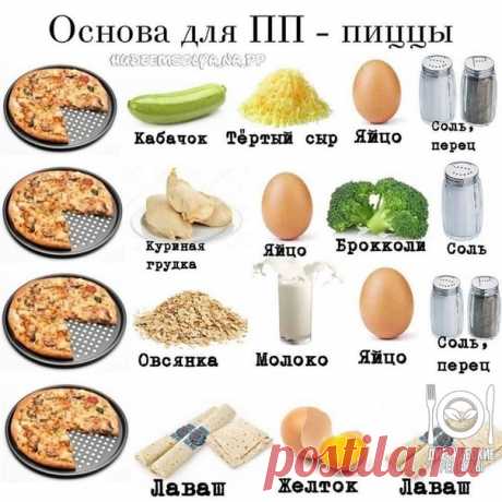 Супер подборка основы для ПП - пиццы
⠀
Начинка может быть на ваш вкус, а основа не обязательно должна быть из теста, особенно обратить на это внимание должны худеющие дамы.
⠀
 Основа из кабачка
Кабачок натереть на крупной тёрке, добавить яйцо и тёртый сыр, посолить, поперчить по вкусу. Все хорошо перемешать. На противень постелить пергамент и выложить наше "тесто" в виде круга для пиццы. Запечь до полуготовности, вынуть и разложить начинку. Запекать до готовности.
⠀
 Основ...