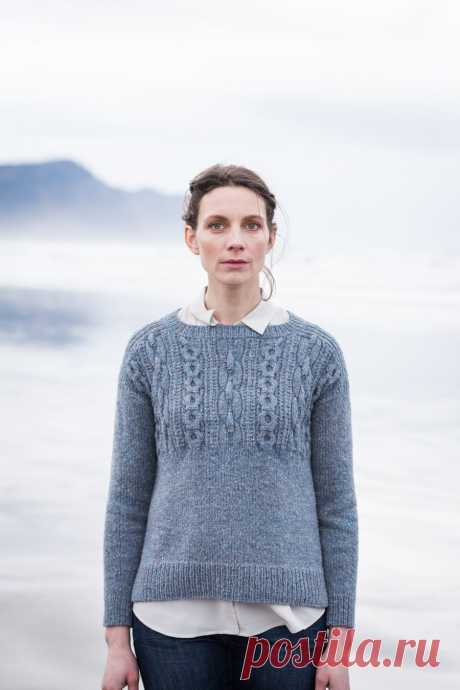 Caspian This pullover in Shelter honors every feature of the traditional gansey. Stout chain cables boldly mark the textured yoke both fore and aft. The gentlest of A-lines makes for an easy fit, and details like the split ribbed hem and decorative side seams make Caspian both eye catching and knitterly. The front and back are