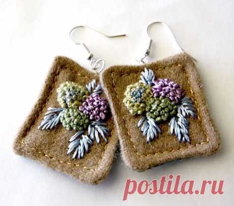 Hydrangea Fiber Fabric Earrings Textile Hand embroidery