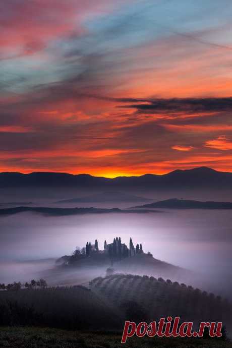 'Towards the Heaven' Early morning, fog, San Quirico D'Orcia, Tuscany, Italy | Elize Bokelman приколол(а) это к доске Sunrise ☼ Sunset