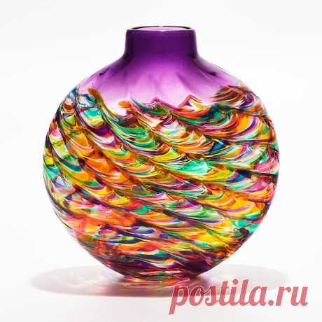 Flat Optic Rib Vase in Candy with Grape by Michael Trimpol and Monique LaJeunesse (Art Glass Vase) | Artful Home