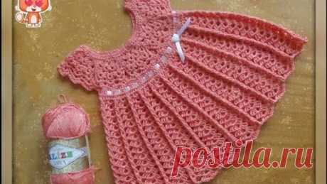 Детское платье крючком с круглой кокеткой. Crochet baby dress