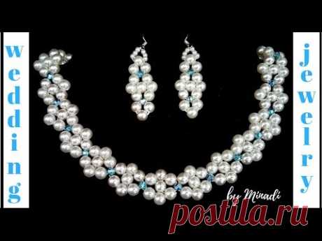 Beaded Bridal Jewelery Pattern. Wedding jewelry making.  Pearl and crystal DIY  necklace, earrings