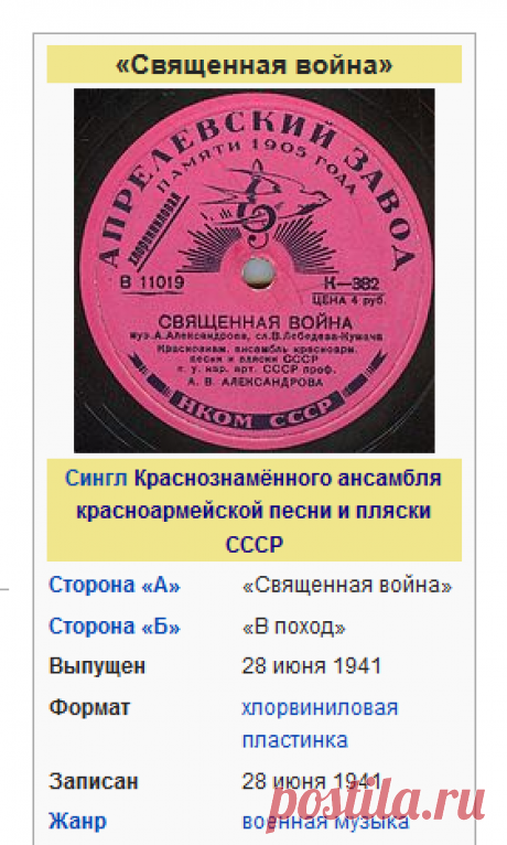 26 июня 1941 года на Белорусском вокзале одна из не выехавших ещё на фронт групп Краснознамённого ансамбля красноармейской песни и пляски СССР впервые исполнила эту песню. По воспоминаниям очевидцев, песню в тот день исполнили пять раз подряд. В мае 2005 года, в память об этом событии, на здании вокзала установлена мемориальная доска.  |  Священная война — Википедия