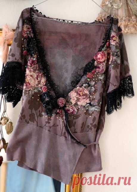 (2) Dusky roses, --cute reworked wrap cardi with hand embroidered and beaded details, bohemian romantic