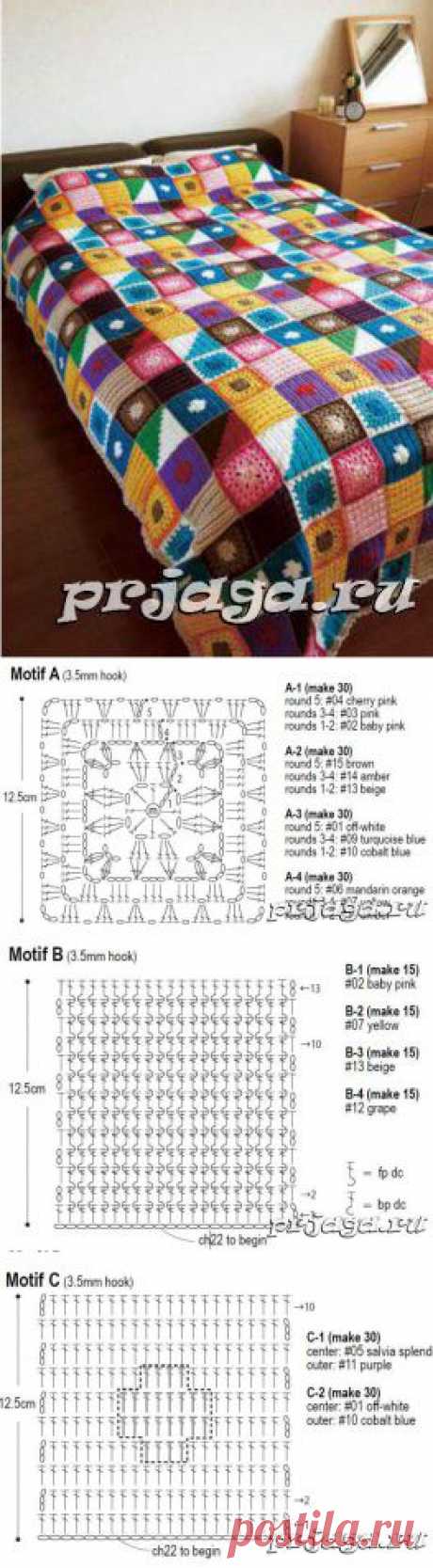 Разноцветное покрывало крючком из мотивов