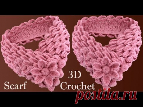 Bufanda a Crochet con trenzas de hojas y flor 3D en punto tunecino tejido tallermanualperu