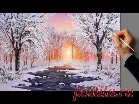 Acrylic Landscape Painting - Winter Sunset / Art / Зимний пейзаж акрилом. Уроки рисования. Живопись