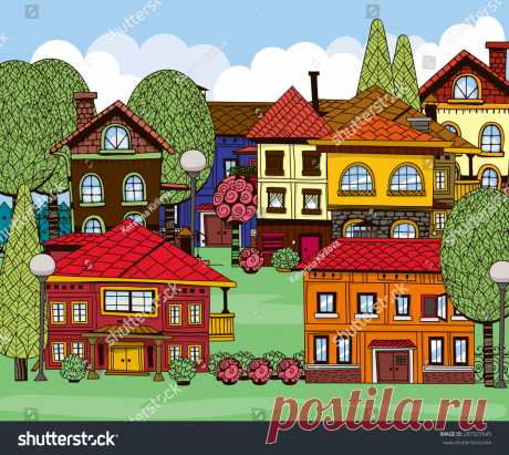 Стоковая векторная графика «Hand Drawn Houses Green Lawns Trees» (без лицензионных платежей), 287327645: Shutterstock