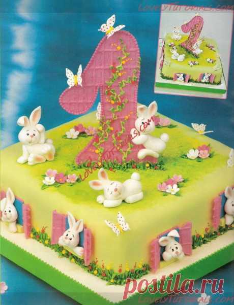 МК детский торт с единичкой и зайчиками -First birthday cake with bunnies - Мастер-классы по украшению тортов Cake Decorating Tutorials (How To's) Tortas Paso a Paso