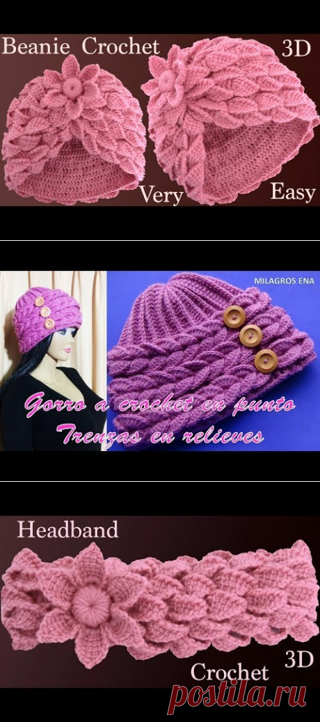 Gorro a Crochet con trenzas de hojas y flor 3D en punto tunecino tejido tallermanualperu - YouTube