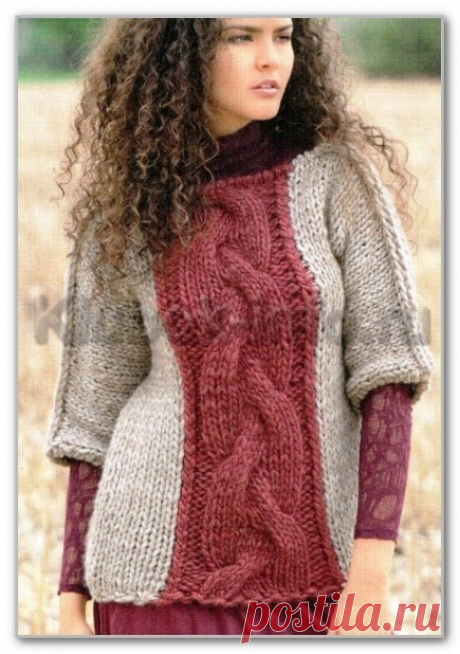 Вязание спицами. Описание женской модели со схемой и выкройкой. Двухцветный пуловер с цельновязанными рукавами 3/4, из толстой пряжи. Размеры: 36/38 (42/44) 48/50
